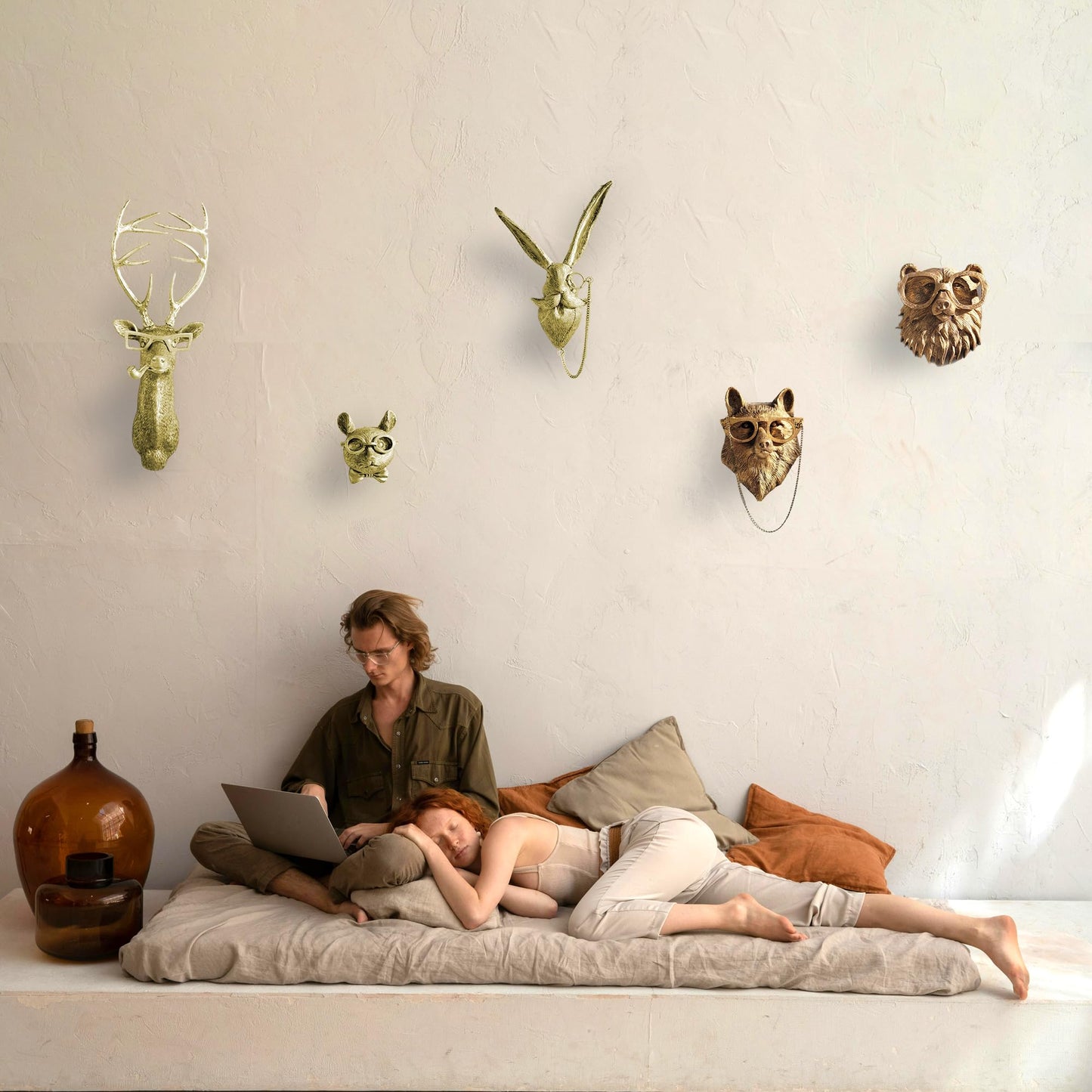 Artocery Brass Animal Head Wall Decor Gold Animal Heads Shaped Wall Hanging for Living Room Bath Room Kitchen Gardening Pub and Bar Decor for Wall Gift Ideas for Woman for Man (5pcs-brass)