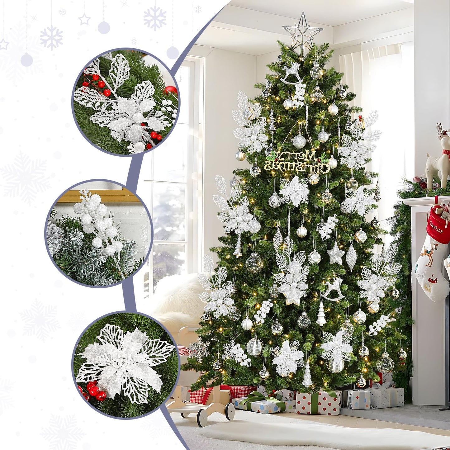 Alupssuc 24 PCS Christmas Tree Decorations, 12 PCS Poinsettia Flowers Artificial+6 PCS Glitter Holly Berry Stems+6 Berry Leaves Christmas Tree Picks for Party Wreath Fireplace, White