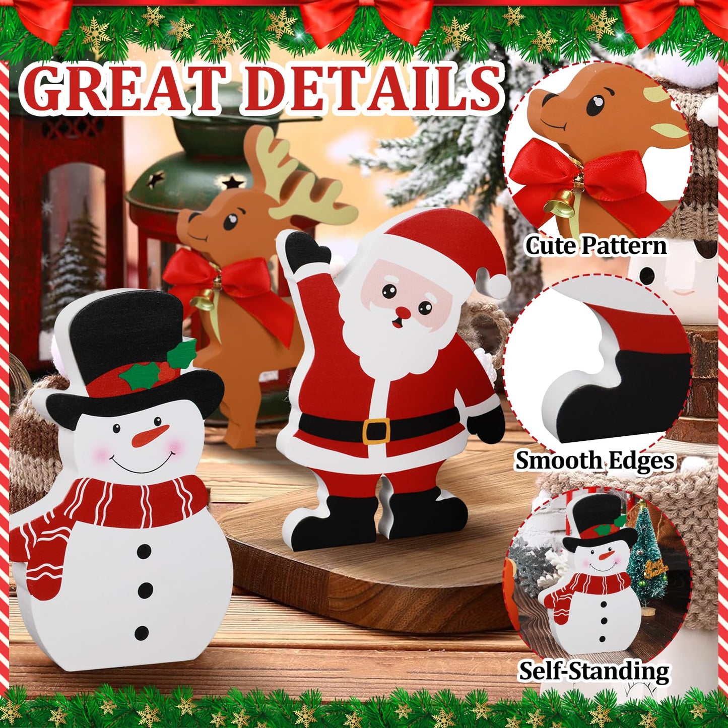 COCHIE Snowman Christmas Decorations Indoor, Cute Winter Tiered Tray Decor Set of 3, Wooden Snowman Blocks Xmas Table Decoration for Party Home Office Shelf Door (Santa Claus Reindeer)