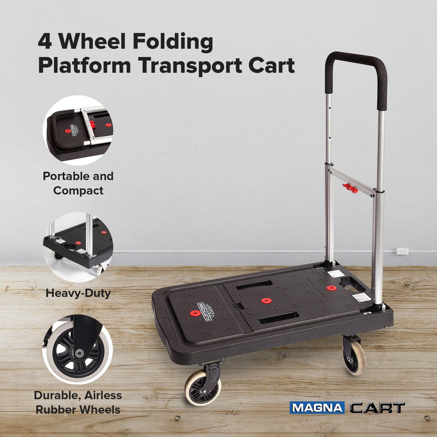Magna Cart Folding Platform Cart, 4-Wheel Rolling Utility Dolly, 300 lb Load Capacity - Portable Transport Trolley with Telescoping Handle for Boxes, Crates, Groceries, Supplies & Equipment