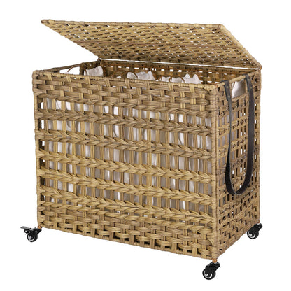 SONGMICS Laundry Hamper with Lid, 140L Synthetic Rattan Laundry Basket with Wheels, Clothes Hamper with 3 Removable Liner Bags, 3-Section Hampers with Handles, Laundry Room, Natural ULCB083N01