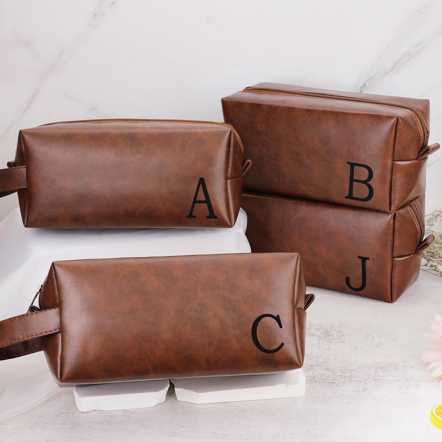 JSENGIFT Mens Toiletry Travel Bag Initial M, Personalized Leather Toiletry Bag for Men, Anniversary Christmas Valentines Fathers Day Birthday Gifts for Husband Dad Grandpa Brother