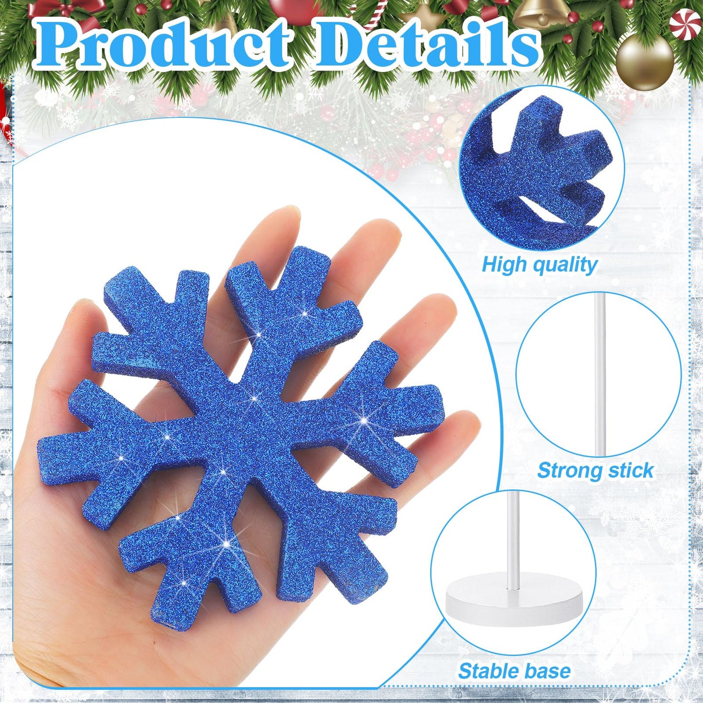 Purpeak 6 Pcs Winter Snowflake Table Decorations Tall Standing Snowflake Wood Block Sign Winter Wooden Snowflakes Standing Table Sign Blue Snowflakes Tabletop Decor for Xmas Winters Party Decoration
