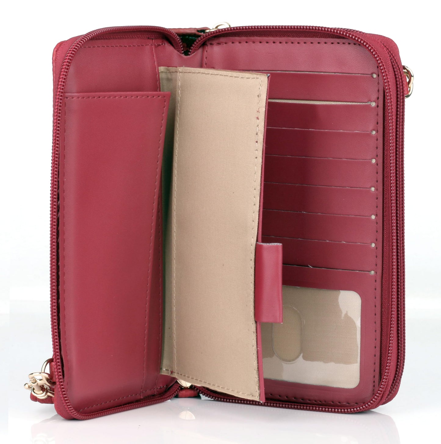 Julia Buxton RFID Blocking Wallet on a String for Women - Compact Crossbody Bag with Removable Wristlet Strap, 15 Card Slots & Multiple Zip Pockets, Red