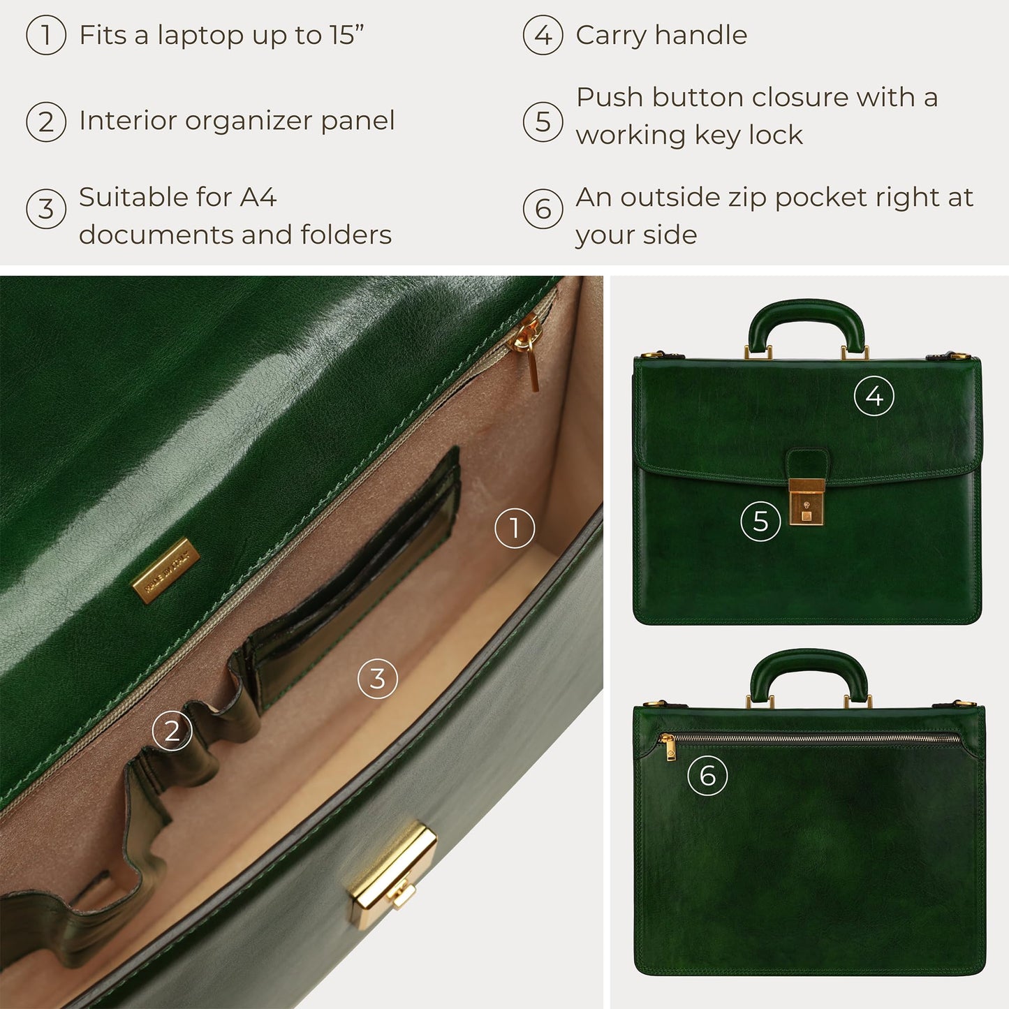 Time Resistance Leather Briefcase - Italian Handmade Leather Laptop Bag - Handbag for Men - Professional Computer Case (Green)