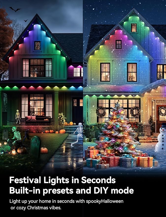 Smart Permanent Outdoor Lights, RGB+IC Outdoor Lights for House, 100ft with 50 LED, IP67 Waterproof LED Light for Halloween Christmas Decorations, Work with Remote, APP
