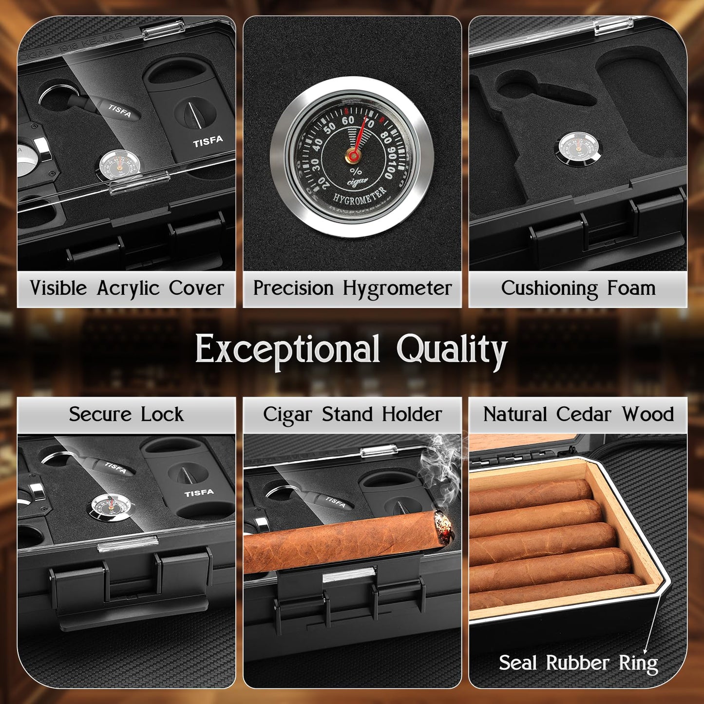 TISFA Cigar Humidor Set Travel Humidor Includes 2 Multifunctional Cutters, Hole Punch, Humidifier, Hygrometer, Portable Cedar Wood Lined Cigar Box Holder Case Gifts for Men (Black)