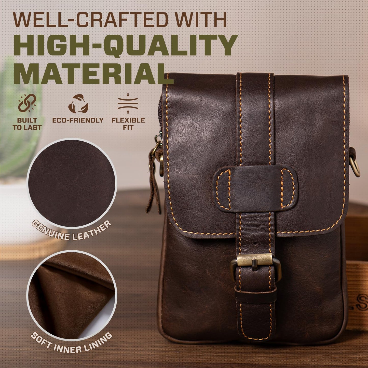 Hengwin Leather Crossbody Phone Purse for Men, Belt Pouch with Multi Pockets, Fits for 6.7" Smartphones, Small Messenger Bag Cell Phone Belt Holster Waist Bag for Travel, Hiking, Daily Use (Coffee)