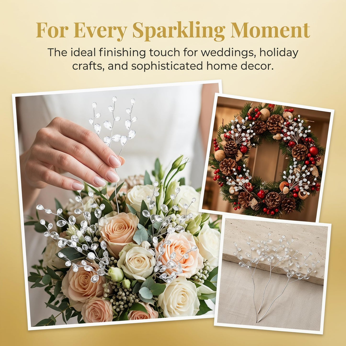VOSAREA 50pcs Crystal Floral Picks: Flexible 3-Strand Artificial Bouquet Stems with Acrylic Bead Drops for Wedding Decor and DIY Crafts - White 6.69 Inch