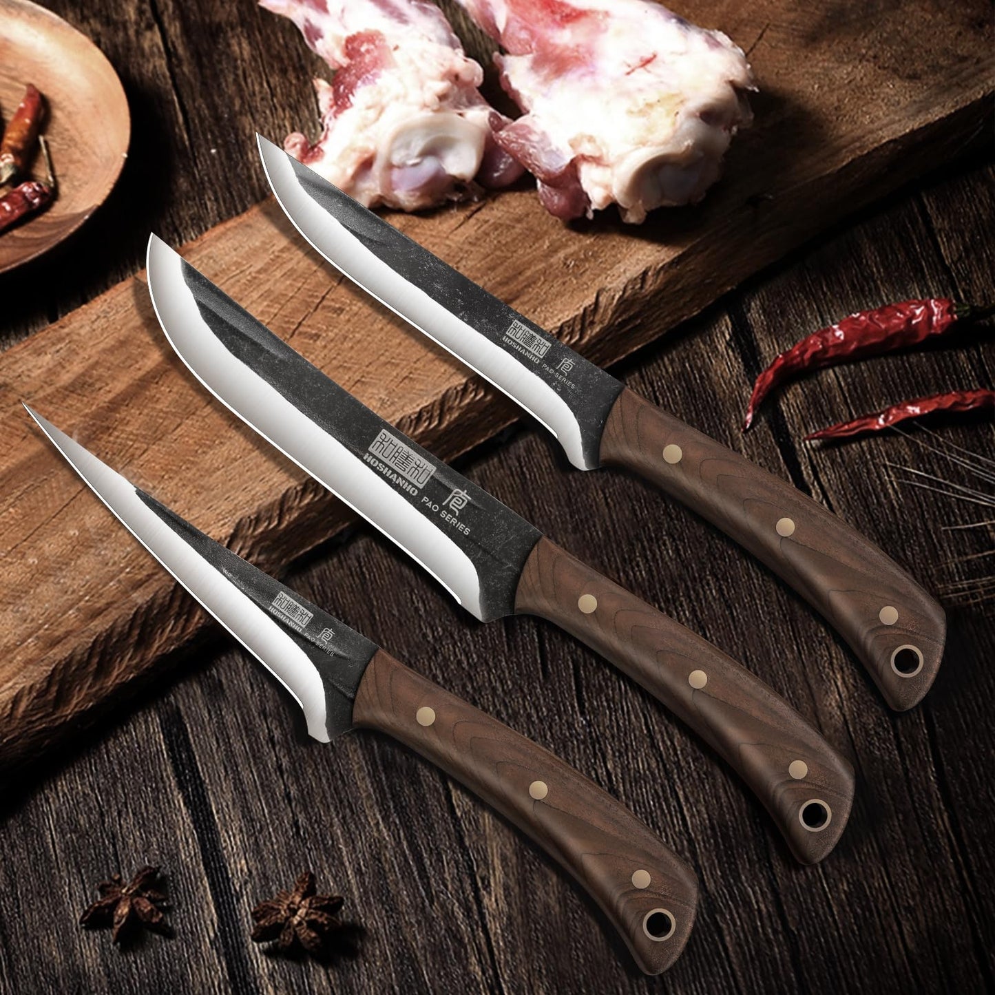 HOSHANHO Butcher Knife Set 3-Piece, Super Sharp Hand Forged Fillet Knife & Dividing Knives & Paring Knives Set, Upgraded High Carbon Stainless Steel Meat Cutting for Home, Outdoor