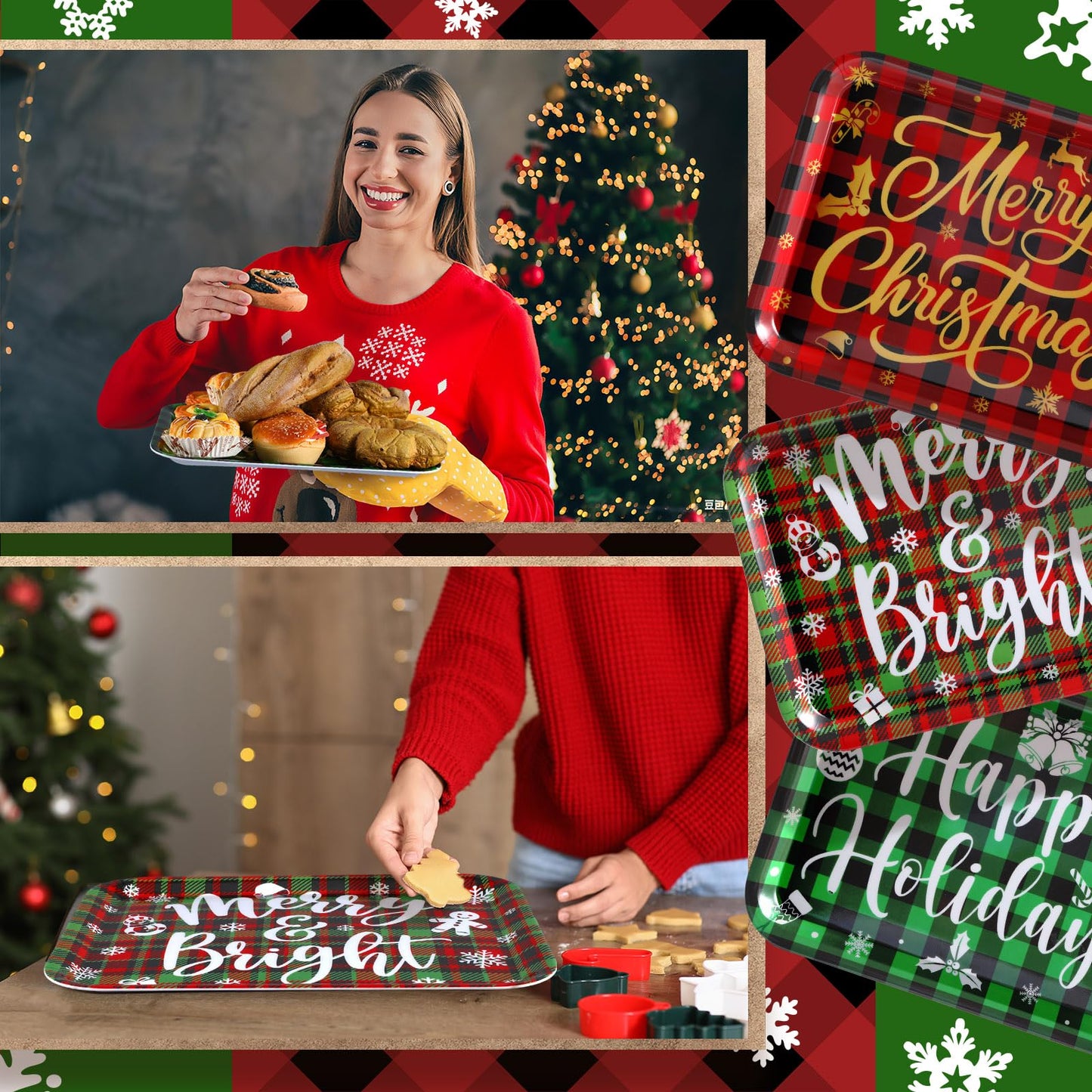Rtteri 3 Pcs 13 x 10 Inch Christmas Serving Trays Red and Green Plaid Plastic Xmas Serving Platters Dishes Reusable Christmas Decorations for Holiday Party Sharing Snack Fruit Dessert Candy