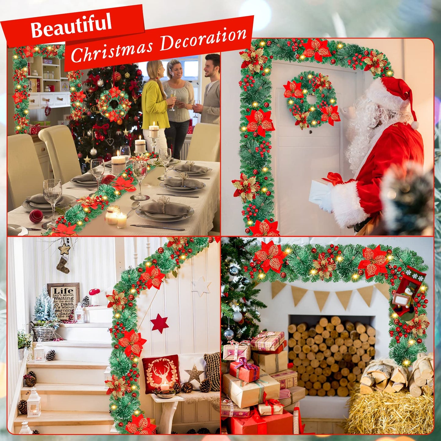 Christmas Garland,Christmas Garland with Lights Battery Operated,9 ft Rattan Artificial Flower Vine Plants Xmas Decorations for Indoor Outdoor Home Mantel Fireplace Stairs
