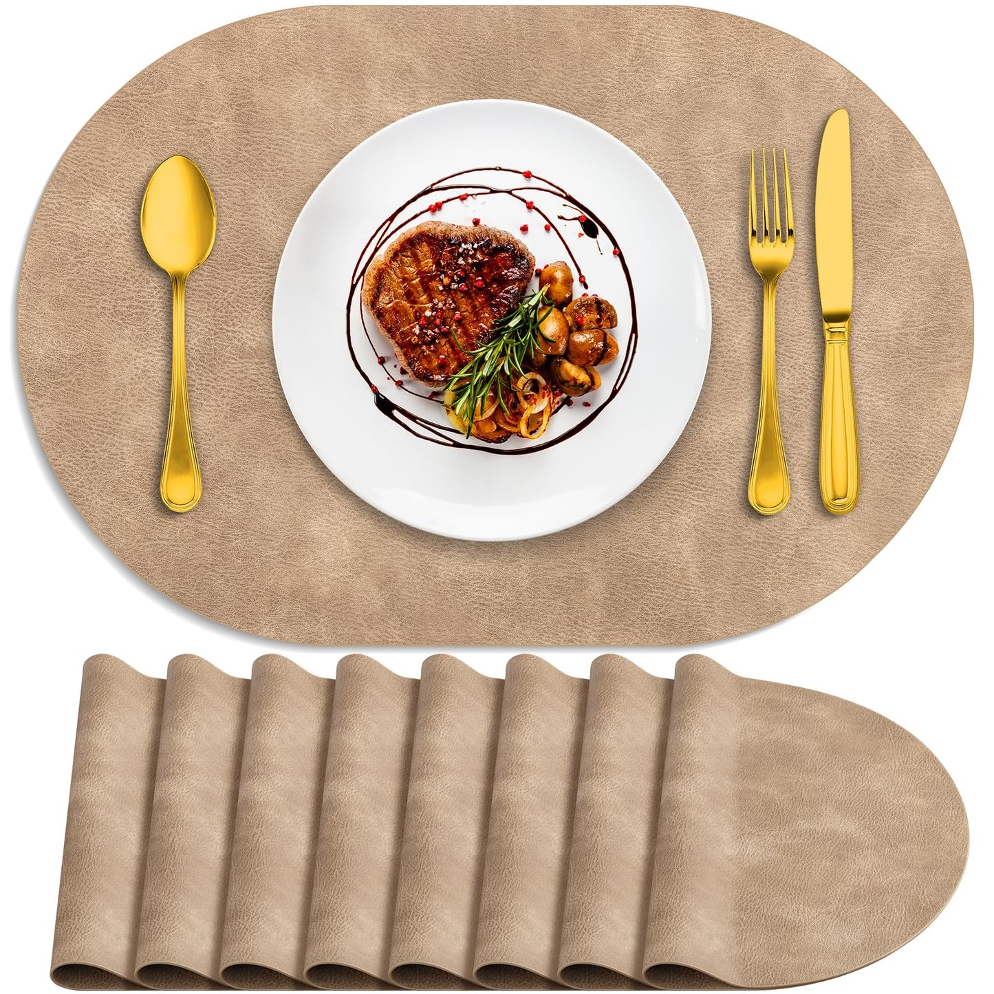 ADRIMER Placemats, Heat Resistant Oval Placemats Set of 8 Washable 12 x 17 Inch, Waterproof Table Placemats Set of 8, Wipeable Faux Leather Placemats for Kitchen, Dining Room, Apricot