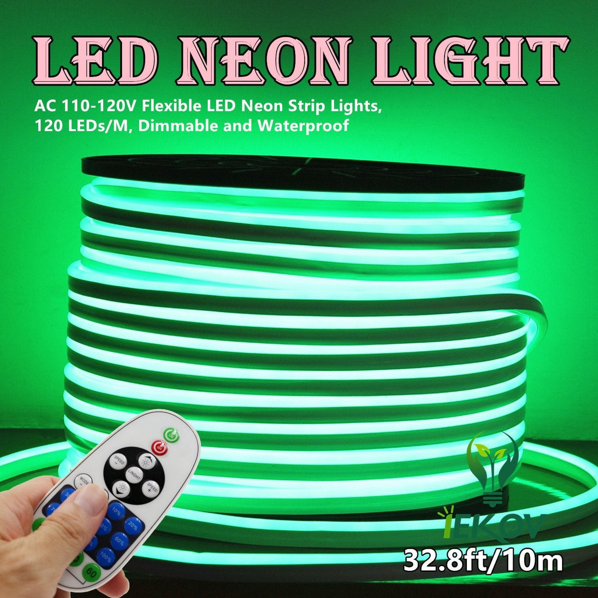 IEKOV LED Neon Light Strip, Dimmable, Waterproof, 10m/32.8ft, Green, Model NEON LIGHT-G-10M, 120 LEDs/M