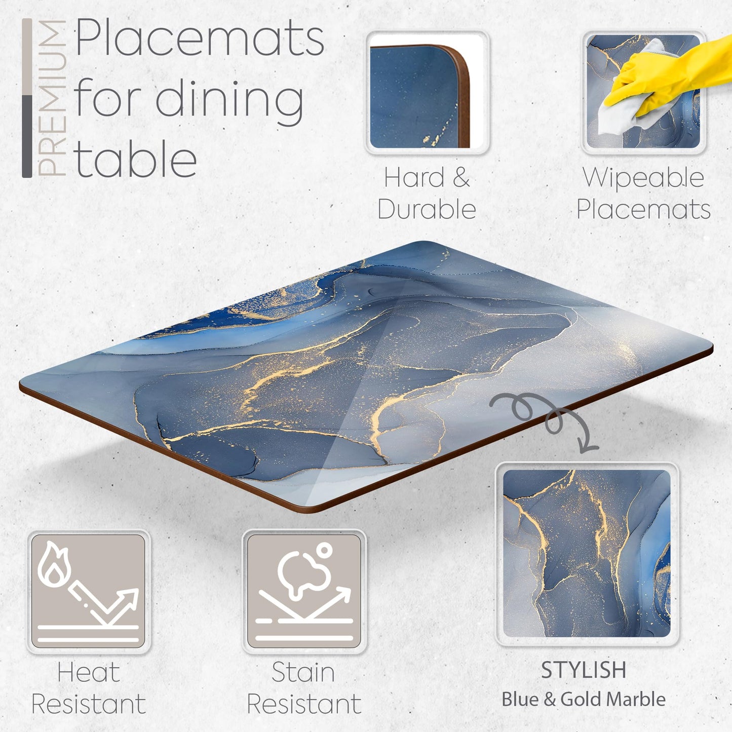 Moderry Set of 4 Heat Resistant Cork Placemats for Dining Table with Free Set of 4 Matching Drink Coasters Marble Design 16 x 12 Inches Cork Backed Hard Placemats (Blue & Gold)