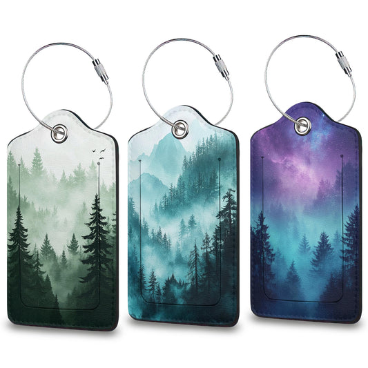 3 Pcs Mystical Forest Luggage Tags for Suitcases, Cute PU Leather Suitcase Tag with Privacy Flap Name ID Label Metal Loop for Baggage Tag for Cruise Airport Travel Essentials