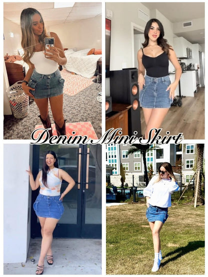 Mancreda Women Denim Cargo Skirt Mini Low Waist Button Bodycon Y2K Flap Pockets Skirts(BL,XS)