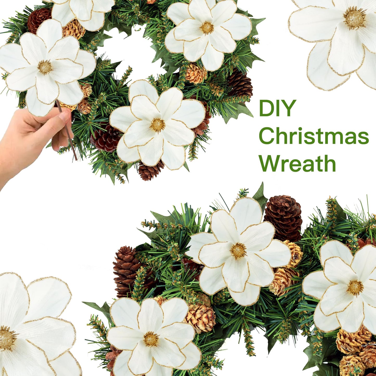 Sggvecsy 10Pcs Christmas Glitter Flowers Velvet Magnolia Flower Christmas Tree Ornaments Artificial Poinsettia Floral Picks for Xmas Wedding DIY Crafts Wreath Party Floral Decorations(White)