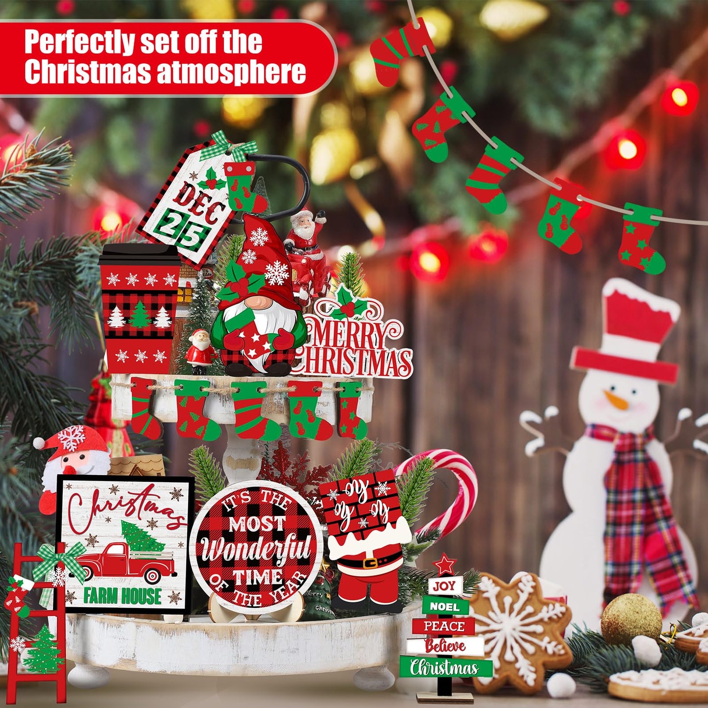 Tradder 14 Pcs Christmas in July Tiered Tray Decor Christmas Stockings Red Truck Xmas Tree Santa Wooden Signs Xmas Table Decorations Rustic Farmhouse Ornaments for Home Shelf