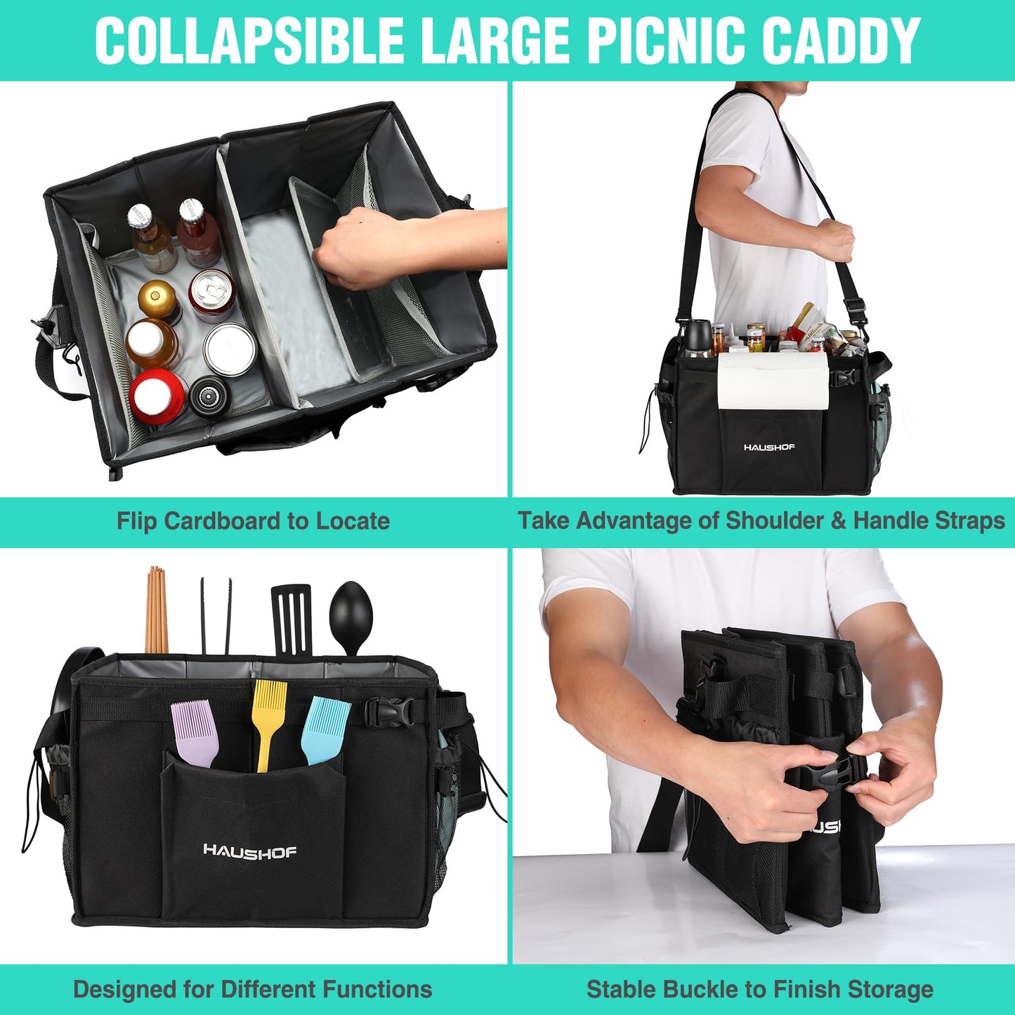 HAUSHOF Large Grill and Picnic Caddy with Paper Towel Holder, Condiment Pocket, Foldable BBQ Organizer Easy Carry Griddle Caddy for Camping, RV, Outdoor Waterproof Oxford Cloth (Black)