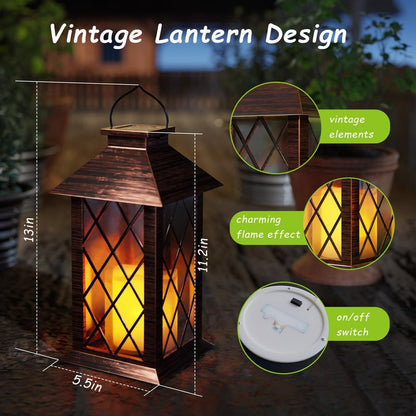 AFINETH Outdoor Solar Lanterns, Waterproof Hanging Lantern with LED Flickering Flameless Candle, 13'' Bronze Outdoor Solar Powered Lantern Decor for Porch Patio Garden Balcony Pathway, 1 Pack