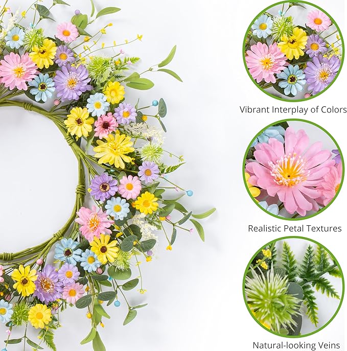 24" Front Door Wreath for Spring Summer Floral Seasonal Wreath with Colorful Flower Vibrant Artificial Daisy &Eucalyptus with Berries for Indoor & Outdoor Wall Home Decor