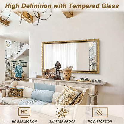 Large Vintage Decorative Mirror for Wall, 52'' x 28'' Gold Antiuqe Living Room Mirror with Black Gold Frame, Traditional Vintage Gold Wooden Mirrors, Horizontal/Vertical