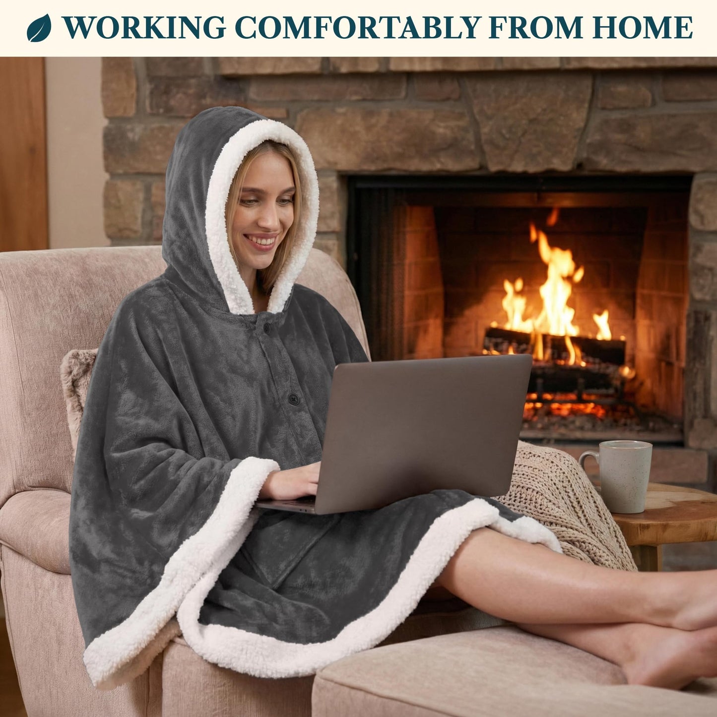 PAVILIA Hooded Blanket Poncho, Women Fleece Shawl Wrap with Hood, Wearable Blanket Cozy Warm Poncho Cape Throw with Pockets, Gift for Elderly Mom, Dark Gray