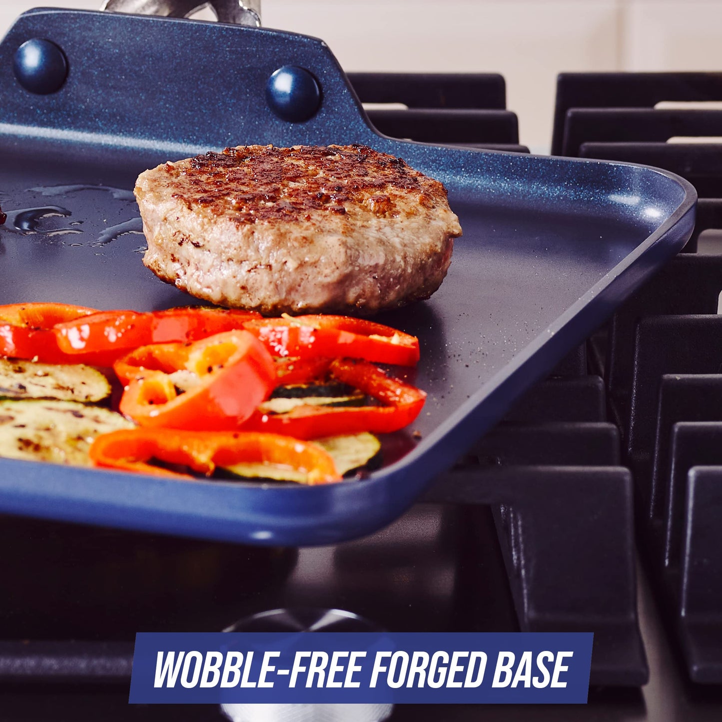 Blue Diamond 11" Nonstick Square Griddle Pan, Non Toxic PFAS-Free Diamond Ceramic, Dishwasher & Oven Safe, Even Heating, Metal Utensil Safe, Warp Control, Blue