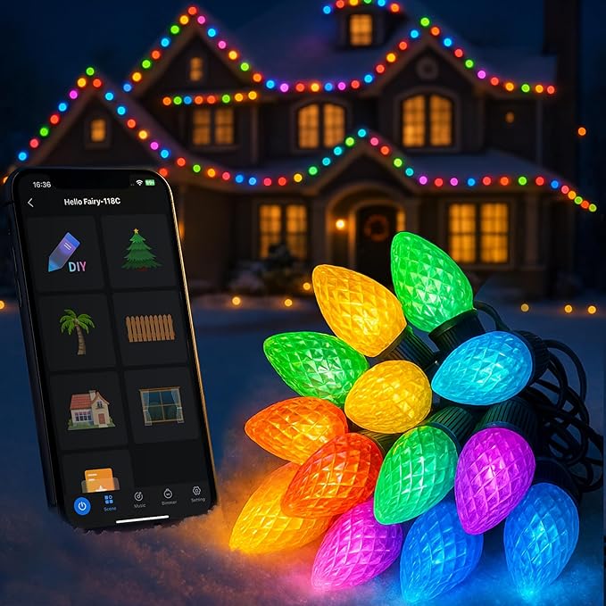 Smart Christmas Lights C9 Outdoor,66FT 100LEDs,App Remote Controlled RGB Chasing String Lights with DIY & Timer,108 Modes, Music Sync,Waterproof for Tree,Garden,Holiday Display,Halloween Lights