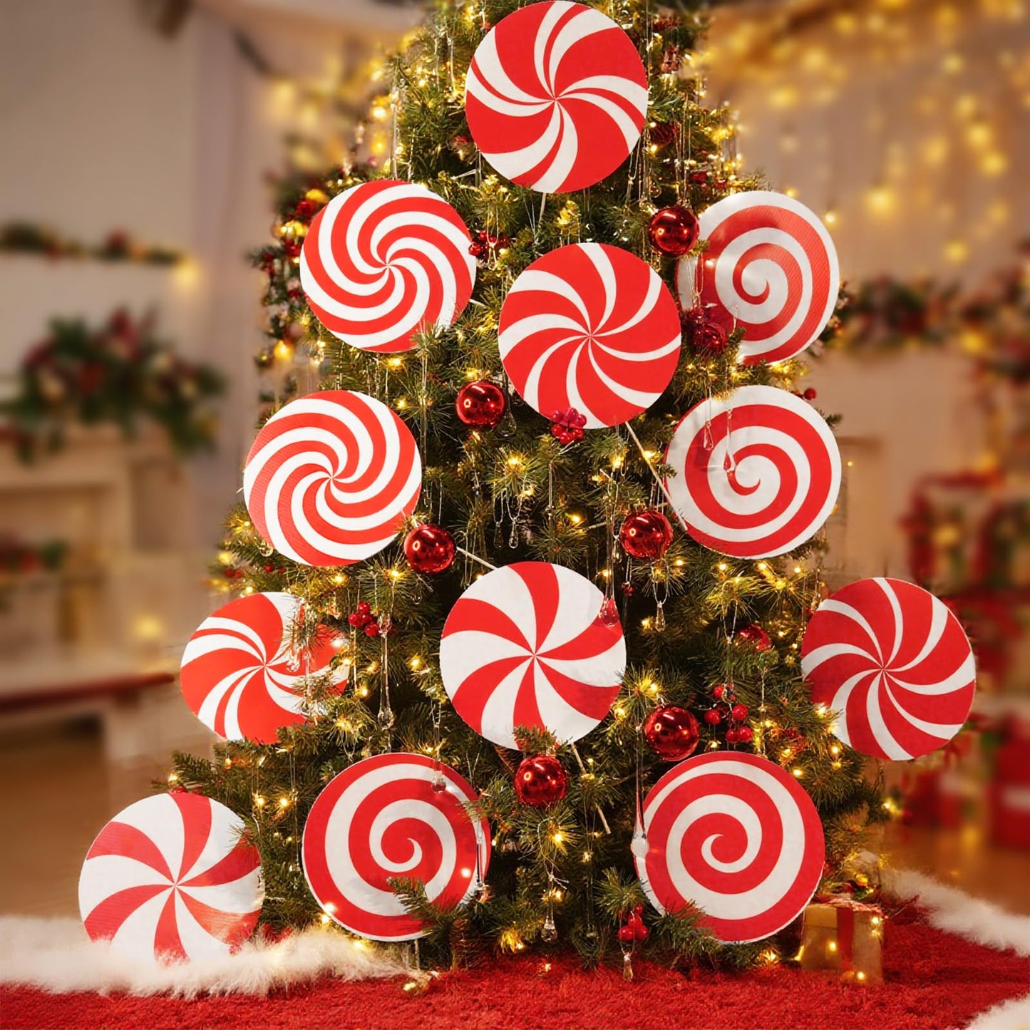 12Pcs Large Candy Christmas Tree Decorations Peppermint Lollipop Christmas Picks for Tree, 7.87" Red and White Candy Ornaments, Plastic Candyland Tree Topper for Xmas Holiday Party Vase Decor