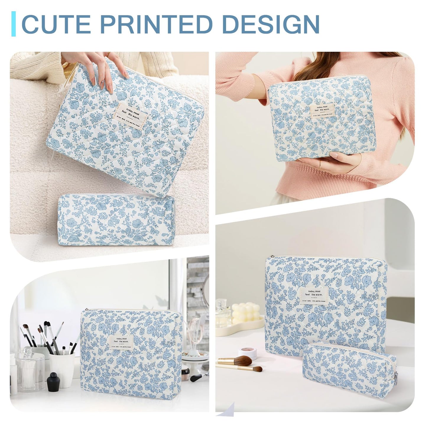 Gosect 2PC Makeup Bag Set, Cute Cosmetic Bag for Women Girls, Floral Coquette Aesthetic Toiletry Bag, Travel Make Up Organizer Bag (Blue Floral)
