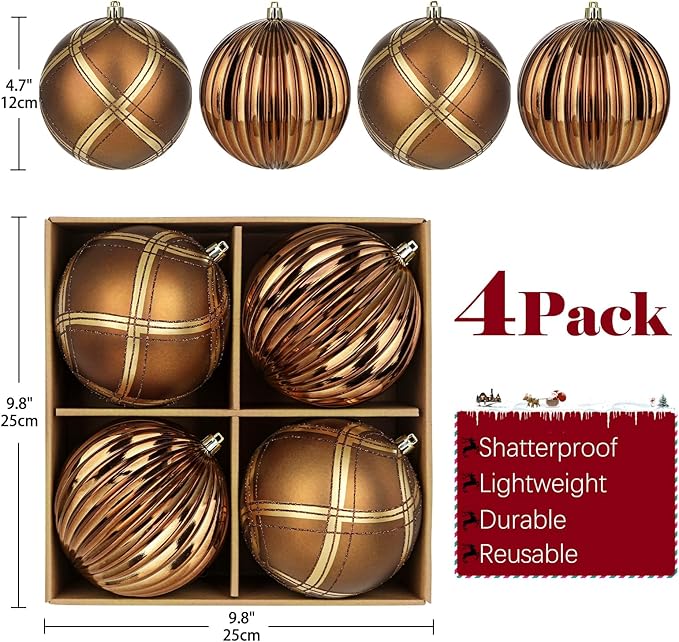 4.7" Large Plastic Christmas Balls Ornaments Set of 4, Glitter Shatterproof Christmas Bulbs Ornaments for Xmas Tree Decorations, Bronze & Brown Ornament for Tree, Mantel, Garland, Winter Holiday Decor
