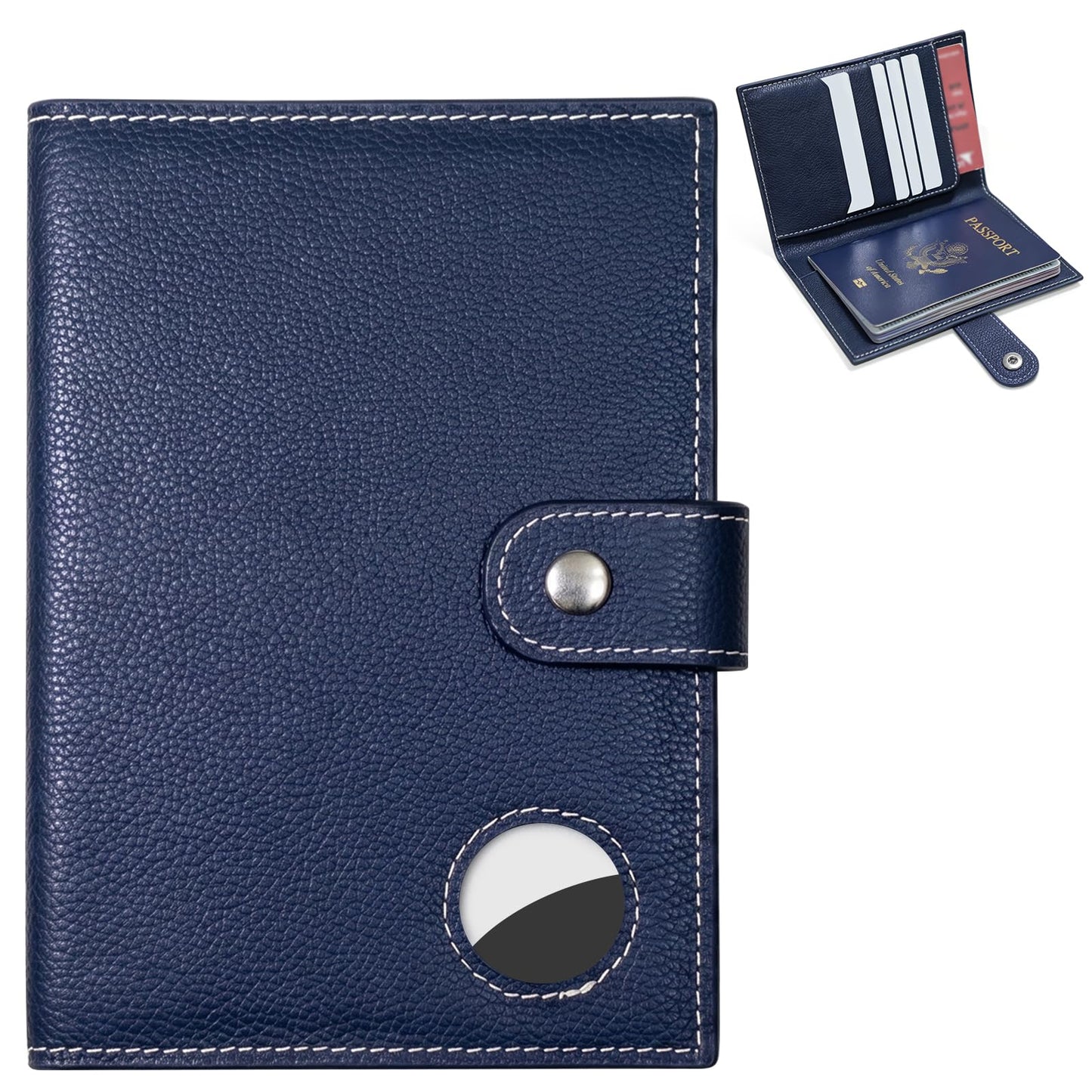 Genuine Leather Passport Holder for Travel, RFID Blocking Passport Wallet with Tracker Holder, Slim Passport Cover Travel Wallet for Women Men, Airport Essentials (Blue)