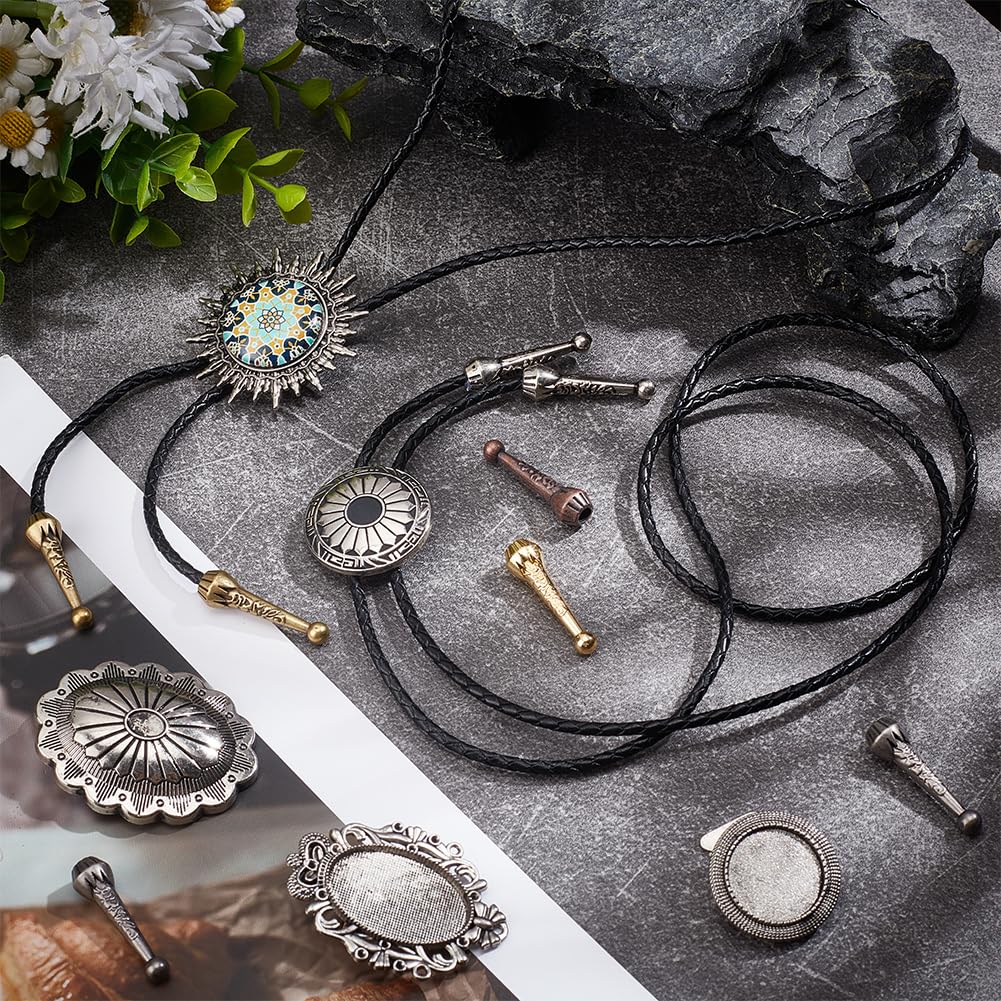 NBEADS 15Pcs Bolo Tie Findings Kit, Bolo Tie Tips Replacement Kit Bolo Tie Buckle with 10Pcs Alloy Cord End 5Pcs Bolo Tie Slide Clasps and 5.5 Yards Leather Necktie Cord for Bolo Tie Making
