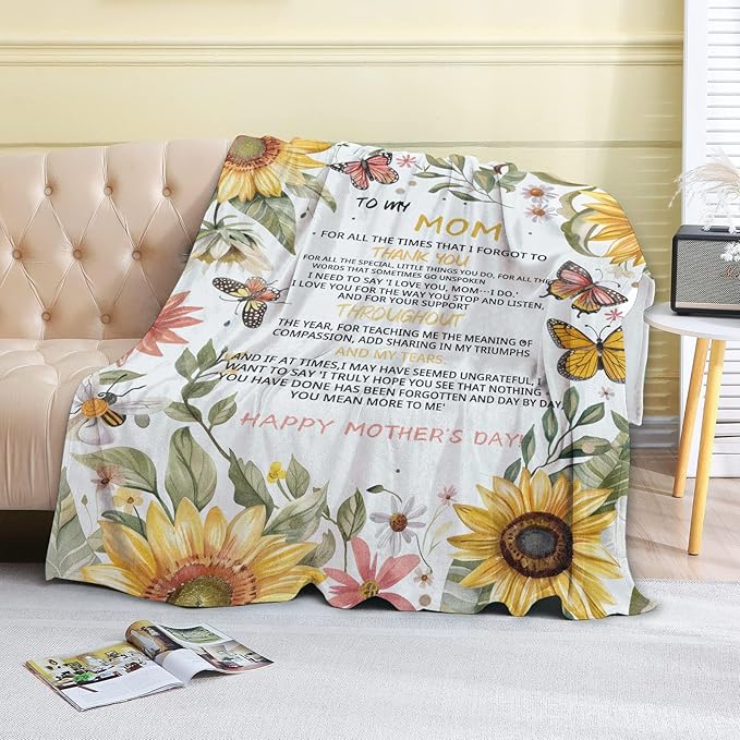 Mother's Day Fleece Blanket - 40x50in Mom from Daughter Son Birthday Heartfelt Message Throw Blankets,Sunflower,Soft Cozy Lightweight, Ideal for Living Room Home Decor and Women Gifts