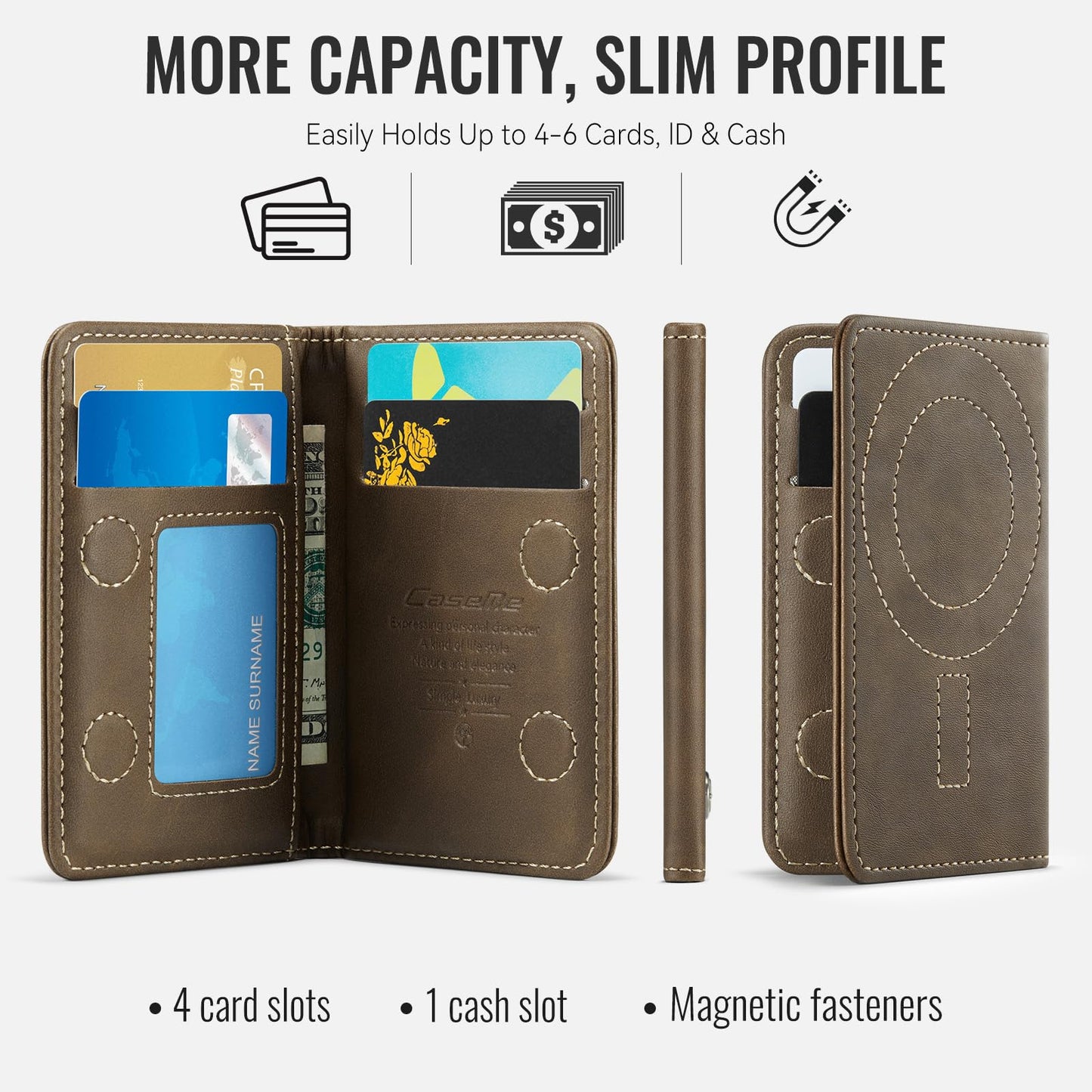 XIMAND Magnetic Wallet Card Holder with RFID Protection, PU Leather Slim Wallet, Strong Magnet Attachment for iPhone 18/17/16/15/14/13/12 Series Pro Max Plus Mini-Brown