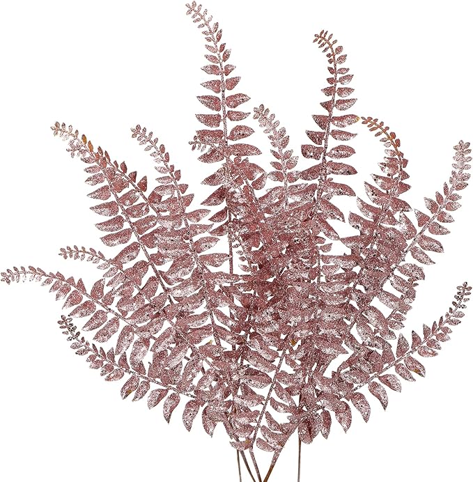 DILATATA 6Pcs Christmas Glitter Leaves Boston Fern Leaves 25" Artificial Rose Gold Fern Leaf Picks Sprays Giltter Stems for Christmas Tree DIY Xmas Wreath Garland Home Decor - Rose Gold