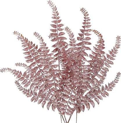 DILATATA 6Pcs Christmas Glitter Leaves Boston Fern Leaves 25" Artificial Rose Gold Fern Leaf Picks Sprays Giltter Stems for Christmas Tree DIY Xmas Wreath Garland Home Decor - Rose Gold