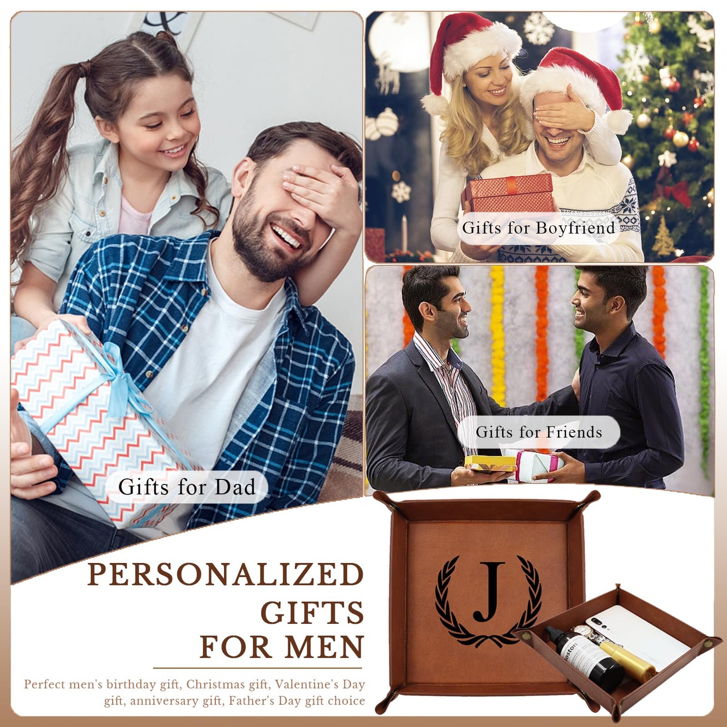 Personalized Leather Valet Tray Engraved Initials Key Tray Nightstand Organizer Valentines Day Birthday for Men Dad Husband Boyfriend (M)