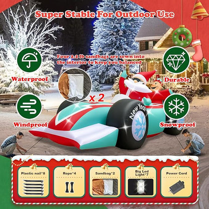 10FT Giant Christmas Inflatables Outdoor Decorations Xmas Racing Car Blow Up Yard Decorations with Built-in LED Lights for Garden Lawn Outdoor Yard Winter Holiday