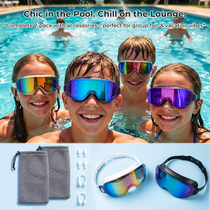 Aegend 2 Pack Swim Goggles For Youth Ages 8-16&Adult(Small Faces), Large Frameless Wide View No-Leak Silicone Seal Anti-Fog/UV, with Earplugs Nose Clips Mesh Bags for Teens Boys Girls Swimming