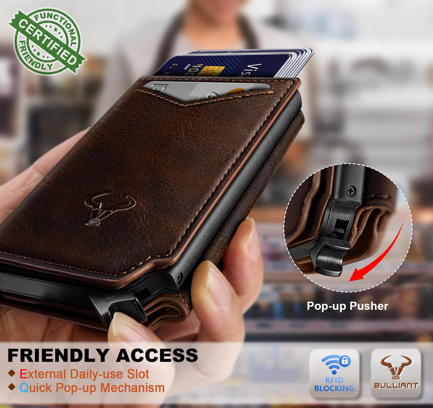 BULLIANT Men Wallet Leather Wallet Card Holders Money Clip for Men 10Cards-Magnetic Flip on Metal Case