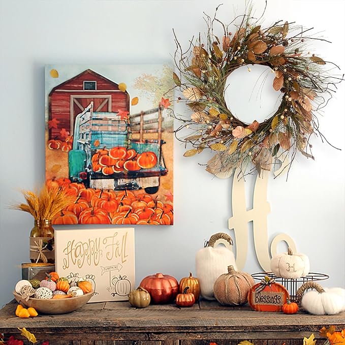 26 Inch Fall Wreath for Front Door Pip Berry Pinecone Autumn Wreath with Pine Needle and Magnolia Leaves, Large Grapevine Wreaths for Fall Door Decor Farmhouse Wall Window Home Decoration
