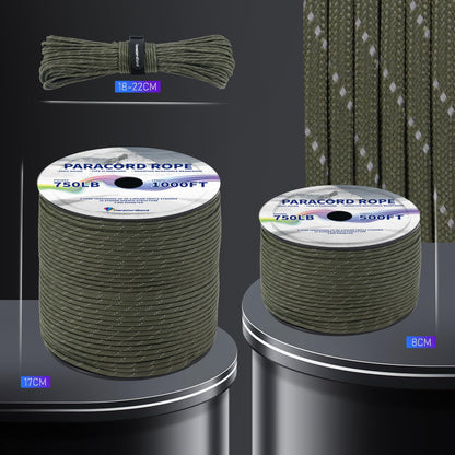 Paracordland-750LB Paracord Rope-100ft/500ft/1000ft- 9 Strand Parachute Spool Cord Heavy Duty String Ideal for Survival Gear Bracelet Camping Hikig Fishing-Black-500FT