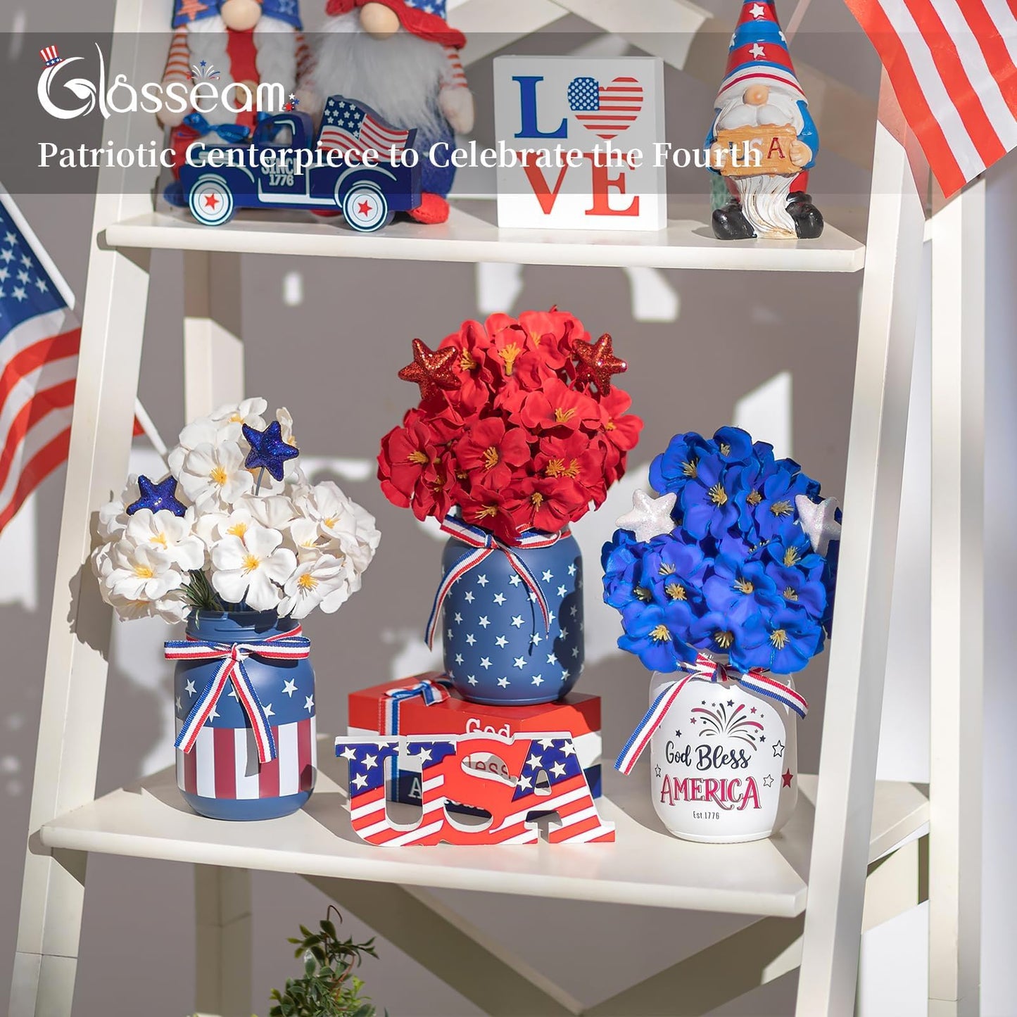 Glasseam 4th of July Vase Set: 3Pcs Patriotic Glass Mason Jars with Red White and Blue Artificial Geranium Star Ribbons - Independence Day USA 250 Anniversary Memorial Table Centerpiece Home Decor