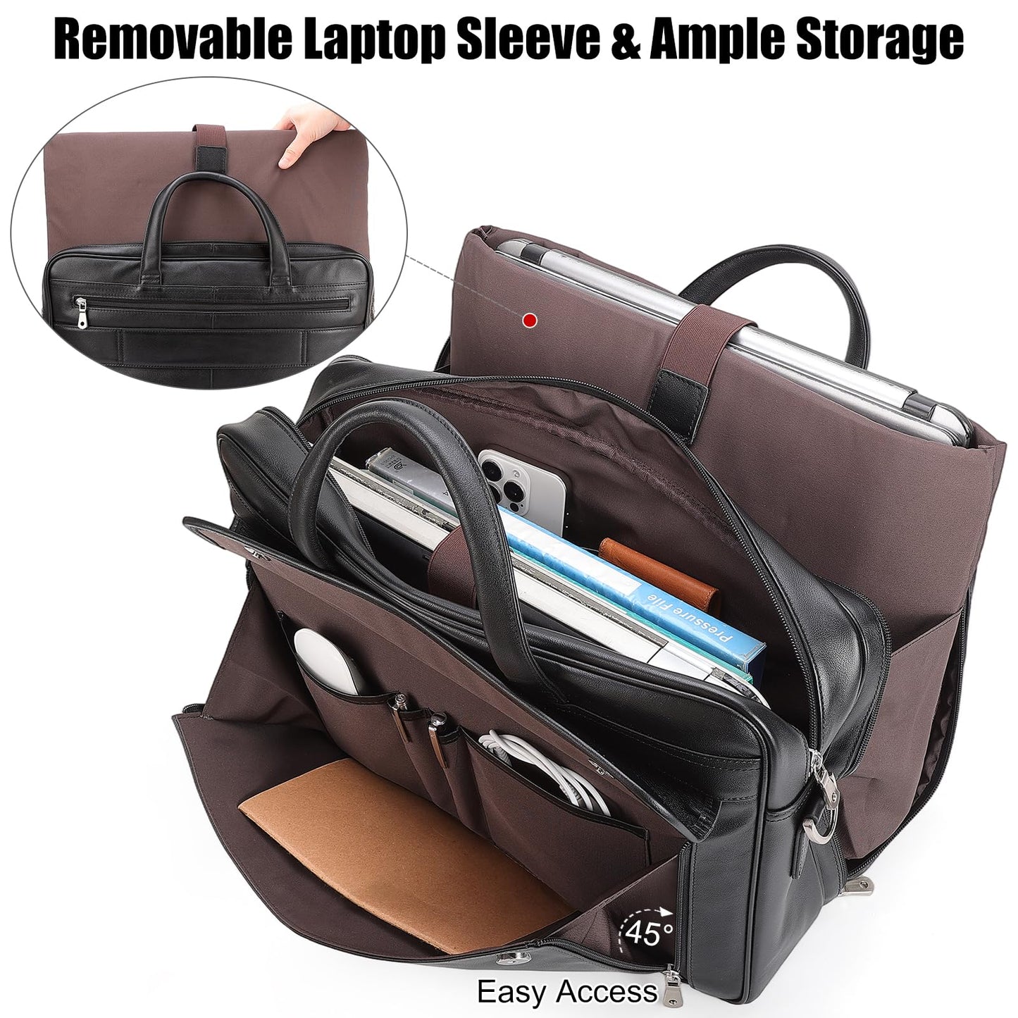 Masa Kawa Black Leather Briefcase for Men 17 Inch Laptop Computer Case Business Travel Work Messenger Cross Body Shoulder Bag