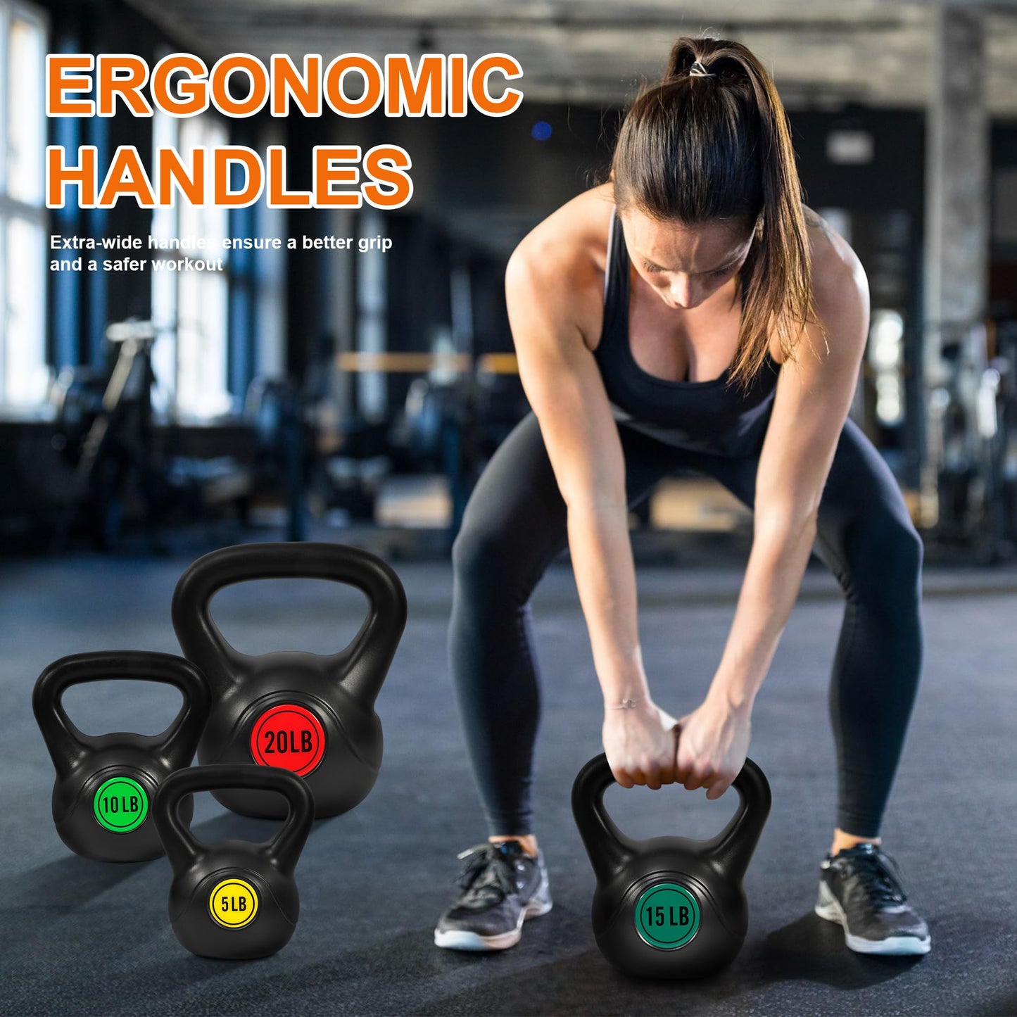 Fitvids Wide Grip 3-Piece Kettlebell Exercise Fitness Weight Set, Include 5 lbs, 10 lbs, 15 lbs and 20 lbs, Set of 3 or Set of 4