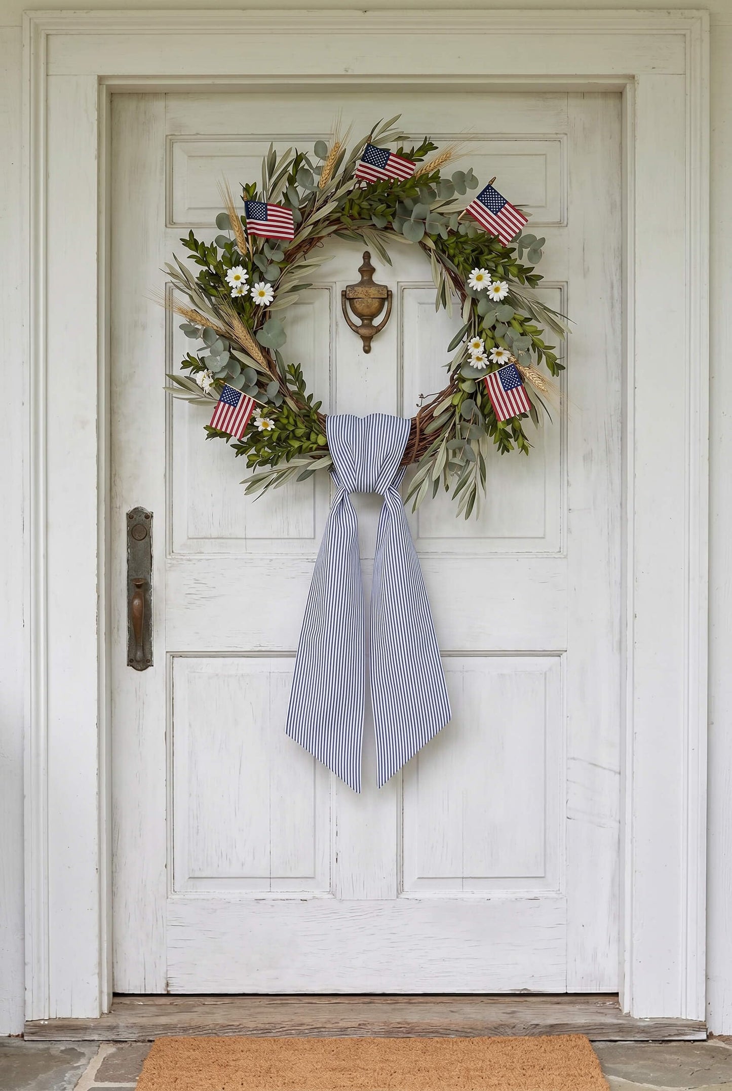 Kutyndrix Blue and White Striped Wreath Sash 2 Pack for Front Door, 5.12" x 54.33" Each Summer Nautical Holiday Door Ribbon Decorations Set