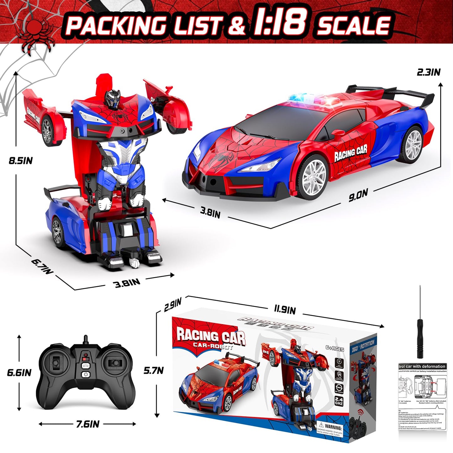CEGOUFUN Remote Control Car for Boys 4-7, Rc Cars for Boys Age 8-12, One Button Transformation to Robot with Flashing Light 2.4Ghz Transforming Robot Car 1:18 Scale for Kids with 360 Degree Rotation